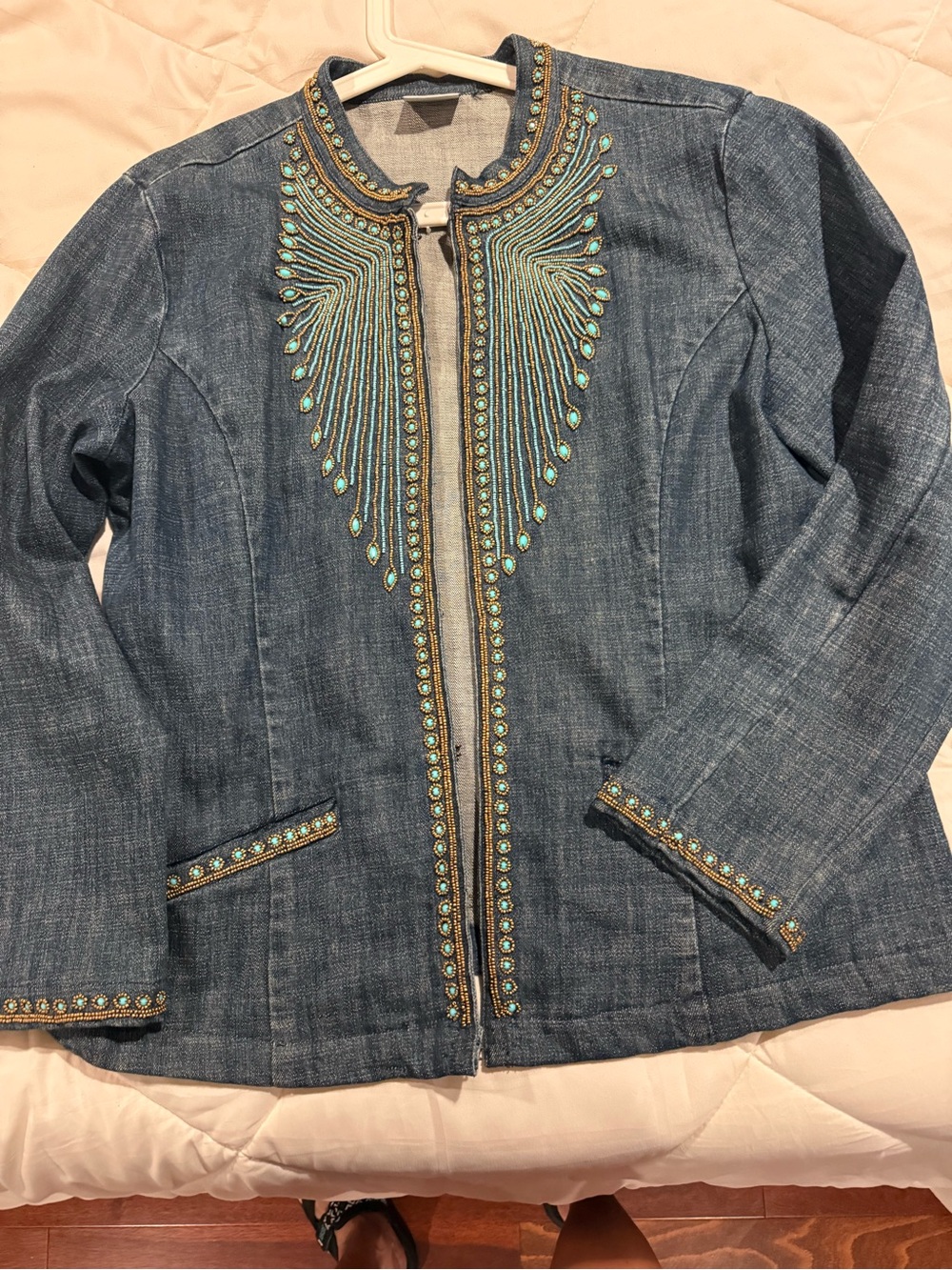 Chico's Blue Denim Jacket with Turquoise Embellishment - Picture 2 of 7